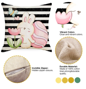 Detail showing invisible zipper and linen fabric texture of Easter rabbit pillow cover