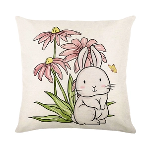 Pink Easter pillow case with cute white bunny and floral print for sofa decoration