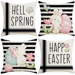 Set of 4 Easter linen pillow covers with black stripes, bunny and floral egg prints