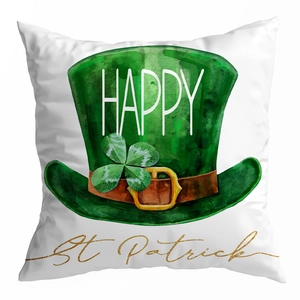 Detailed view of the St. Patrick's Day peach skin pillowcase with green clover and hat print
