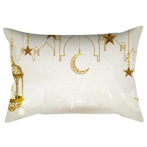 Detail of peach skin velvet waist pillow with golden moon and Ramadan lantern pattern