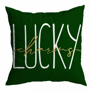 Close-up of green St. Patrick's Day pillowcase with gold glitter Lucky Charms print