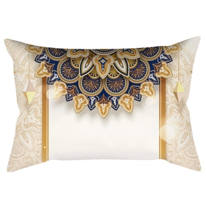 Detail of white peach skin waist pillow cover with navy and gold mandala pattern