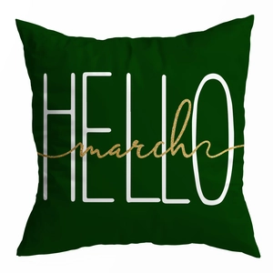 Close-up of green peach skin pillowcase with gold glitter March text and Hello print