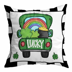 Close-up of peach skin St. Patrick's Day pillowcase with vintage green truck and Lucky print
