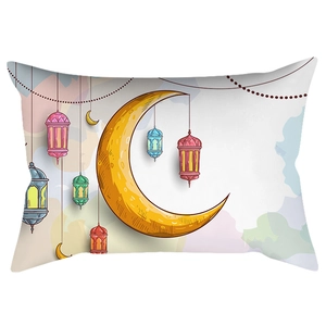 Detail of peach skin fabric lumbar pillow cover with golden moon and lantern illustration