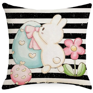Easter throw pillow cover with black and white stripes and cute bunny egg linen print