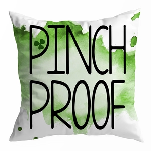Close-up of St. Patrick's Day peach skin pillowcase with Pinch Proof text and clover print