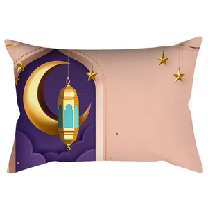 Detail of velvet lumbar pillow cover featuring golden crescent moon and Islamic lanterns