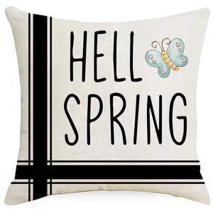 Linen Easter pillow cover with Hello Spring text and butterfly print on white background