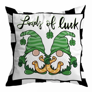 Macro detail of St. Patrick's Day peach skin pillowcase with gnome and clover design