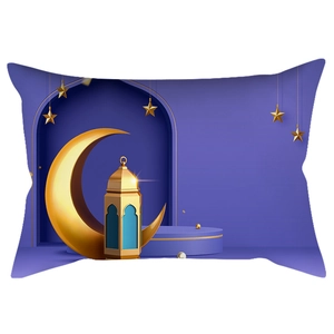 Macro detail of purple lumbar pillow with golden moon and lantern Ramadan patterns