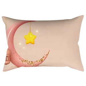 Detail of soft peach skin lumbar pillow with golden star and pink moon print