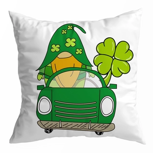 Detailed close-up of St. Patrick's Day gnome print on soft peach skin pillowcase texture