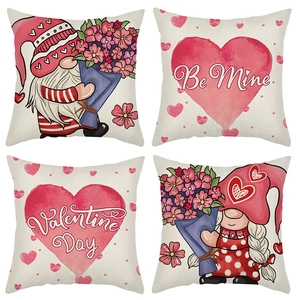 Valentine Day Linen Pillowcase Pink Heart Gnome Design Decorative Cushion Cover For Sofa Bedroom Car Home Decor Holiday Gift