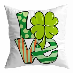 Detail of St. Patrick's Day peach skin pillowcase with LOVE clover print