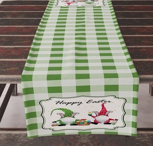 Detail of green plaid Easter table runner with gnome pattern and Happy Easter text