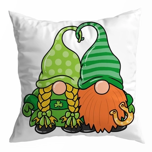 Detailed view of St. Patrick's Day peach skin pillowcase with heart-shaped gnomes print