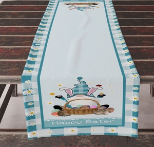 Detail of Happy Easter table runner with bunny and gnomes on rustic wooden table