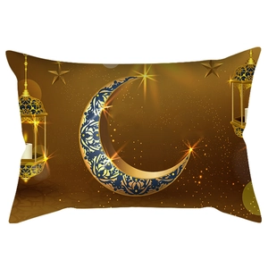 Close-up of golden moon and lantern prints on a peach skin fabric lumbar pillow cover
