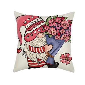 Linen Valentine's Day pillowcase with cute gnome holding pink flowers for home decor