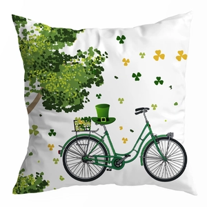 Detail of St. Patrick's Day pillowcase with green bike and shamrock peach skin fabric