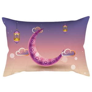 Detail of Ramadan peach skin waist pillow with golden moon and lantern print