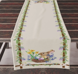 Easter table runner featuring hand-painted rabbits and eggs on a rustic wooden table