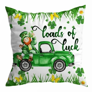 Detailed texture of peach skin St. Patrick's Day pillowcase with green truck and clover print