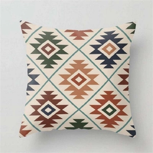 Ethnic geometric linen pillowcase with colorful Southwestern Aztec patterns on beige