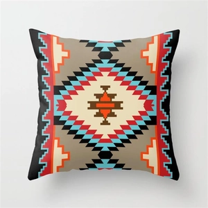 Ethnic style linen pillowcase featuring Navajo geometric patterns in red and blue colors