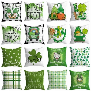 St. Patrick's Day Polyester Pillow Cover Green Shamrock Gnome Buffalo Plaid Throw Cushion Case For Sofa Couch Home Decor