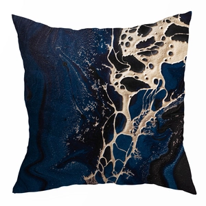 Detailed texture of blue and gold marble fluid art print on soft square pillowcase