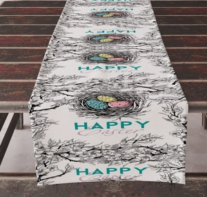 Detailed pattern of Happy Easter table runner with colorful eggs and floral branches