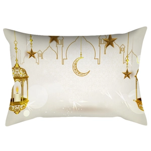 Peach skin waist pillow featuring golden moon and lantern Ramadan themed patterns