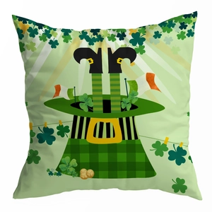 St. Patrick's Day peach skin pillow cover with green clover and leprechaun hat print