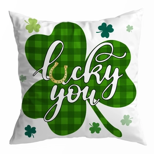 St. Patrick's Day peach skin pillowcase with green buffalo plaid lucky shamrock design