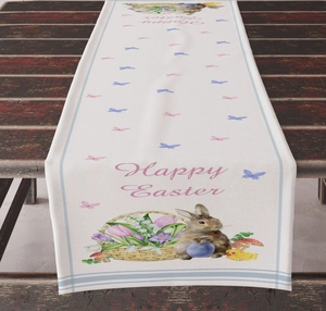 Macro detail of Easter table runner with watercolor rabbit and floral Happy Easter design