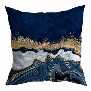 Modern abstract blue marble throw pillow cover with golden texture and agate pattern print