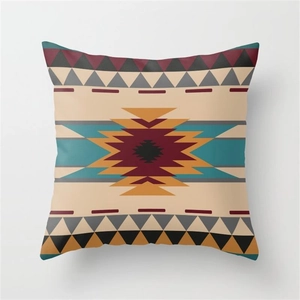 Detail of fabric texture on ethnic geometric throw pillow cover with tribal pattern
