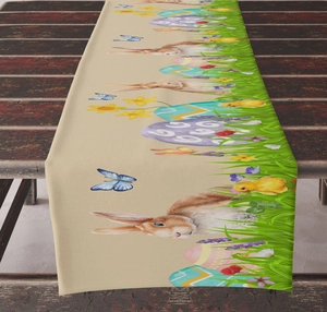 Easter table runner with bunnies and colorful eggs on vintage dark wood dining table