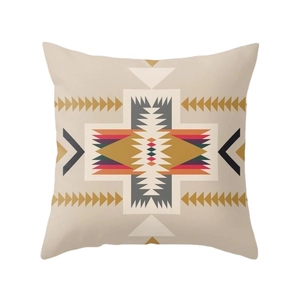 Ethnic bohemian style linen pillowcase featuring a rustic geometric tribal pattern on white background