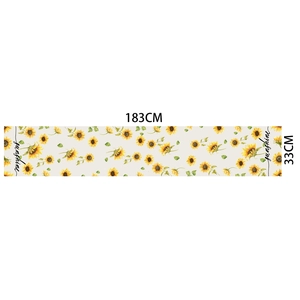 Linen table runner with sunflower print and sunshine lettering, 183cm x 33cm size