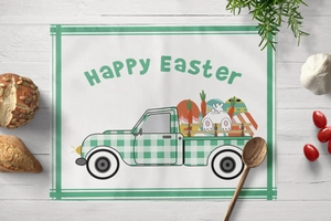Flache Ansicht der Frohe Ostern Tischmatte mit kariertem LKW auf Holzuntergrund