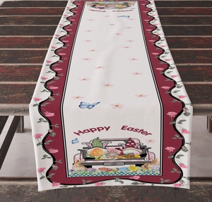 Detail of Happy Easter table runner with gnome and truck print on rustic wood