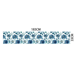 Floral linen table runner 183x33cm featuring blue watercolor roses for dining tables