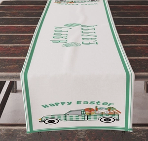 Detail of Easter table runner with bunny, truck and Happy Easter text on wood