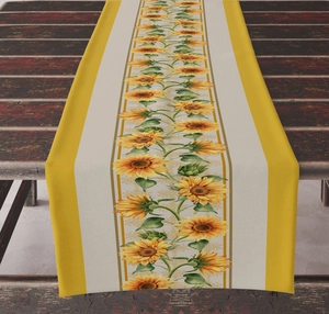 Detailed close-up of sunflower and lemon floral print on a linen table runner texture