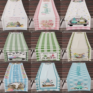 Happy Easter Linen Table Runner Rabbit Gnome Eggs Printed Plaid Tablecloth Heat Resistant Dining Table Runner For Home Party Kitchen Decor