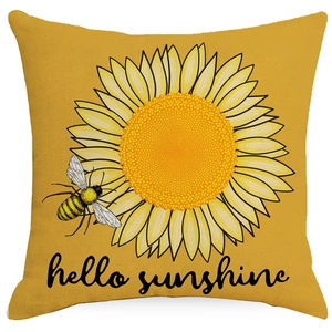 Linen sunflower and bee throw pillow cover with hello sunshine print for home decor